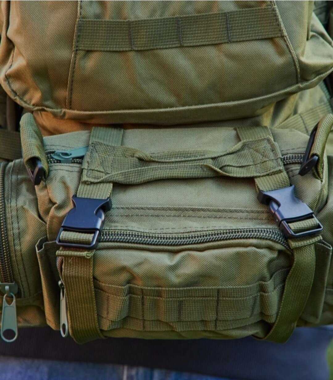 Штурмовой тактический военный рюкзак 55 литров со съёмными подсумками и ситемой Mолле из водонепроницаемой ткани цвет зелёный фотография 2