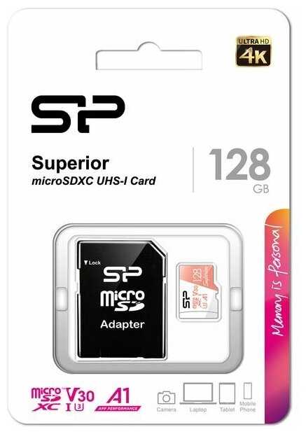 Карта памяти Silicon Power Superior DV3 microSDXC UHS-I Class 10 128GB с адаптером фотография 2