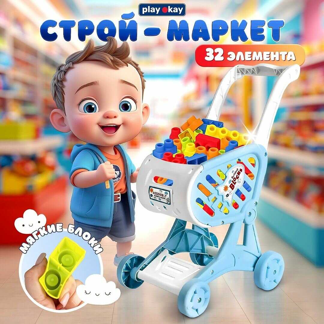Тележка для продуктов детская и мягкий конструктор для малышей PLAYOKAY Игровой набор развивающий (32 элемента)