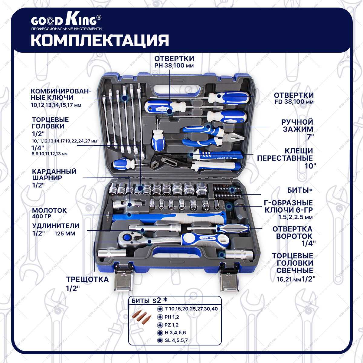 Набор инструментов GOODKING M-10061 [1/2-дюймовая трещотка на 72 зубца]. фотография 5