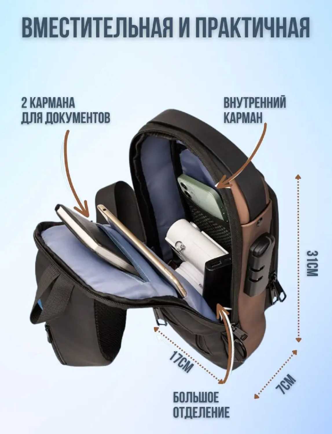 Дорожная сумка рюкзак противоугонный через плечо с кодовым замком фотография 5
