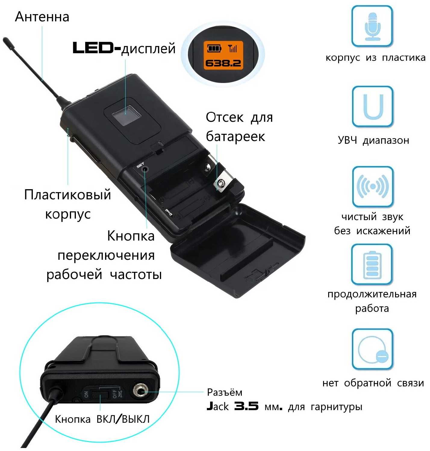 Беспроводной микрофон для живого вокала и караоке NOIR-audio NX 200 H/B с головным микрофоном и ручным микрофоном фотография 8