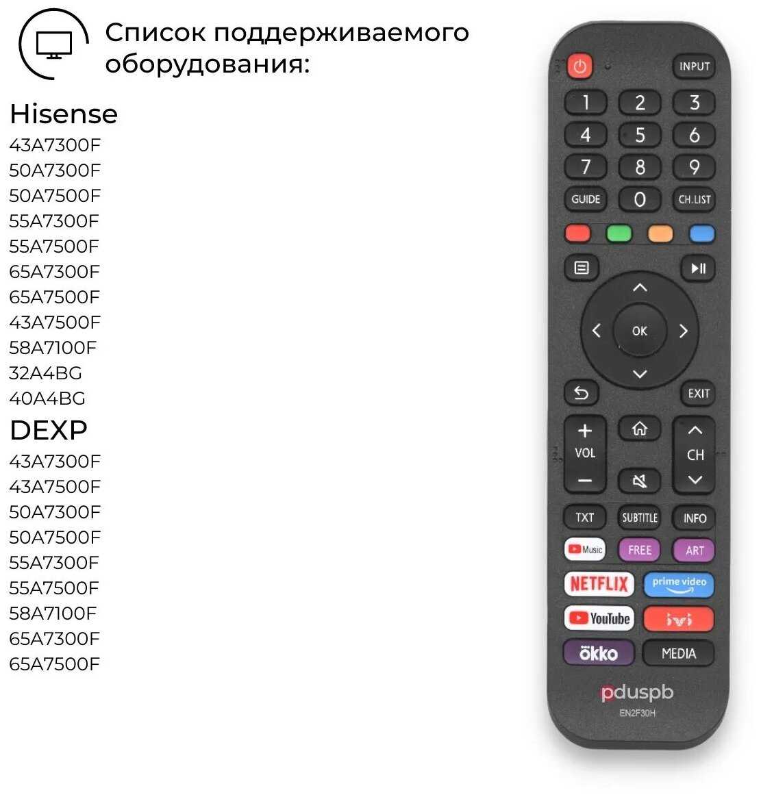 Пульт PDUSPB EN2F30H (EN2F30D) для телевизора Hisense / DEXP фотография 3