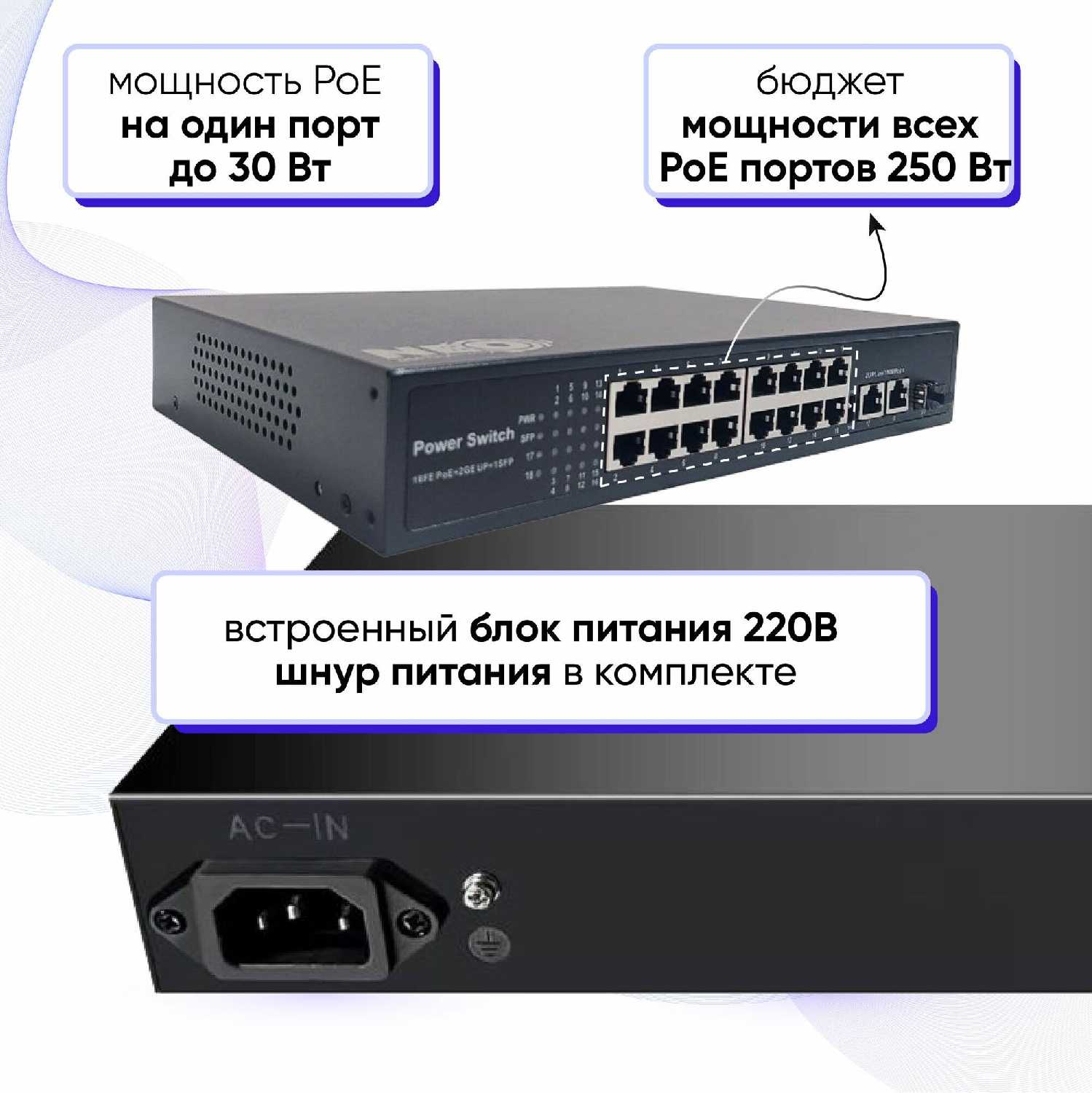 Коммутатор (свитч) 16 POE (802.3af/at) + 2 ETH 1000Mbs, 1 SFP фотография 10