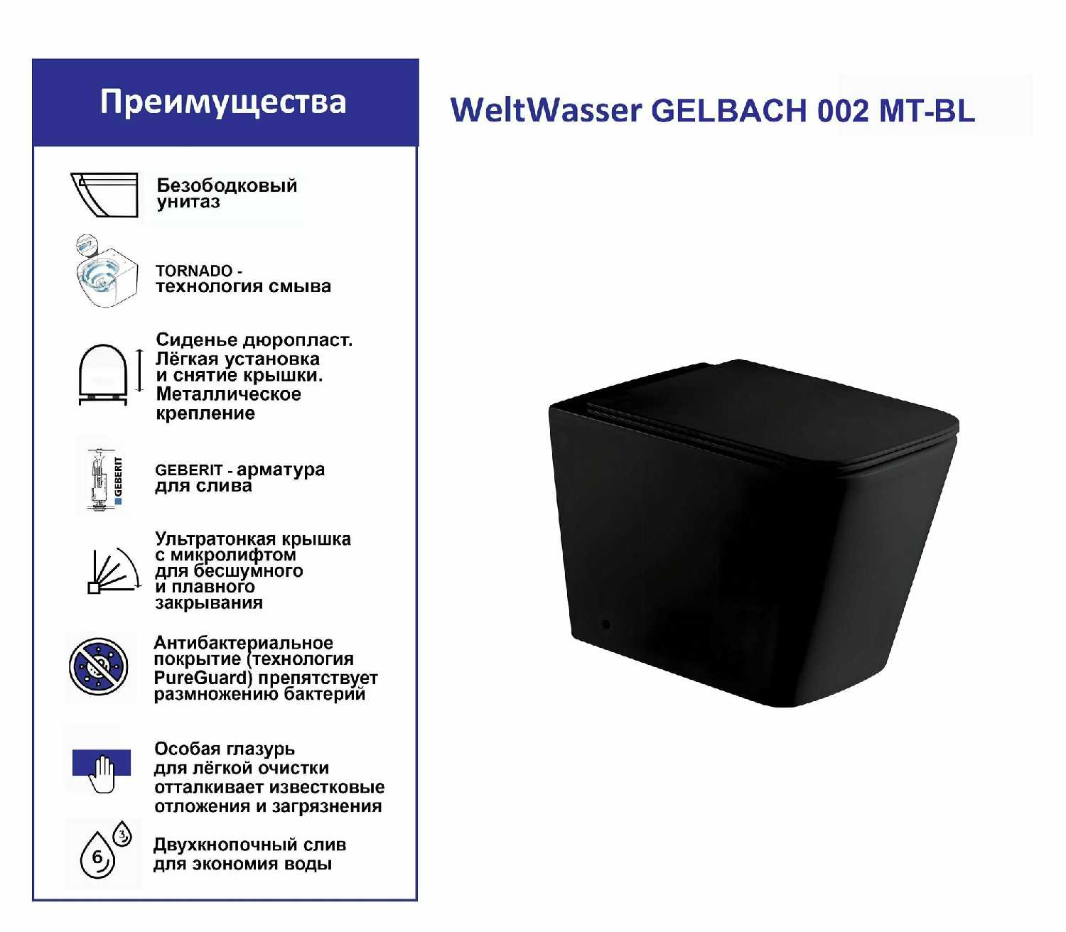 Чаша унитаза напольная WELTWASSER Gelbach (002MT-BL) фотография 5