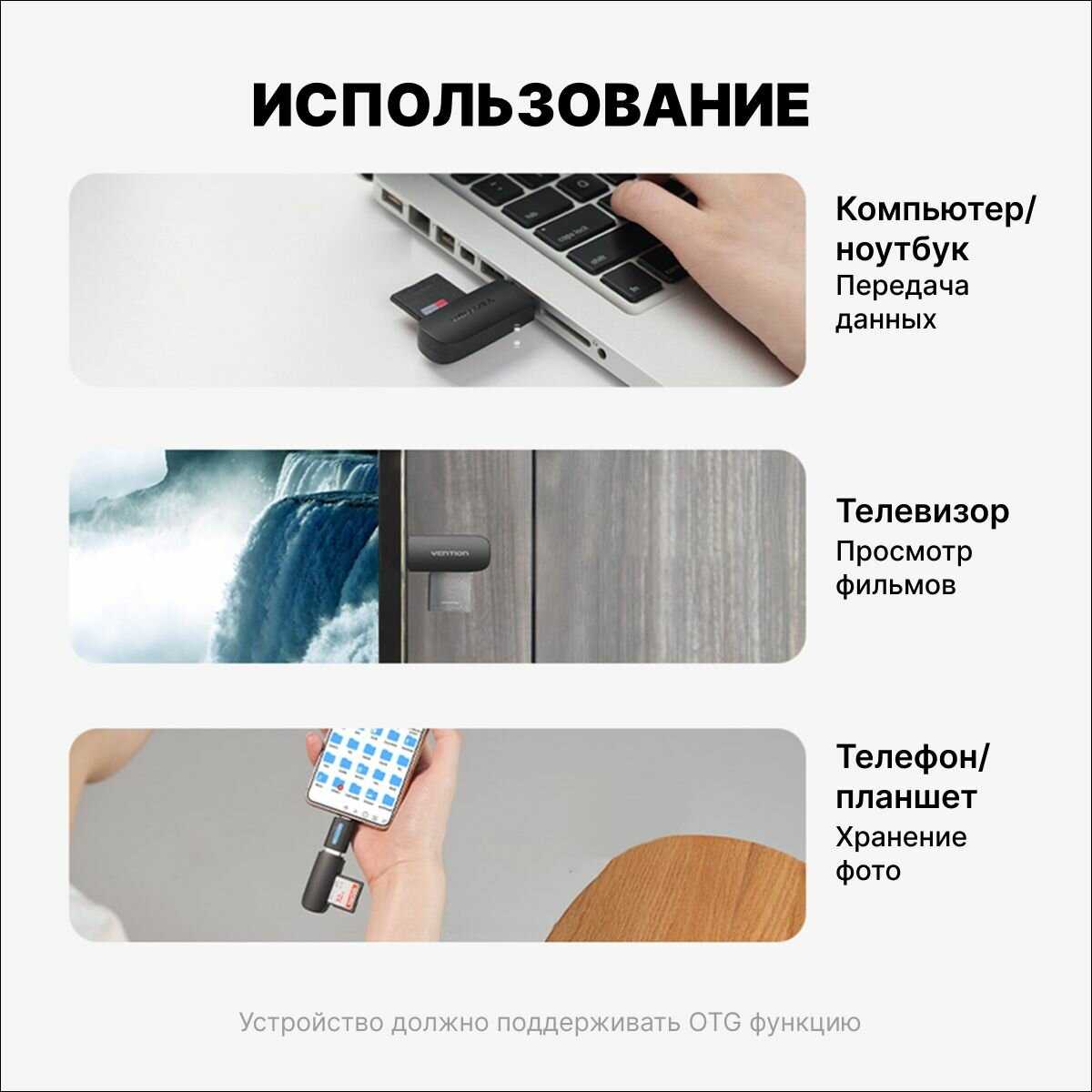 Кардридер Vention Кардридер на 2 порта (SD+TF) (CLGB0) фотография 11