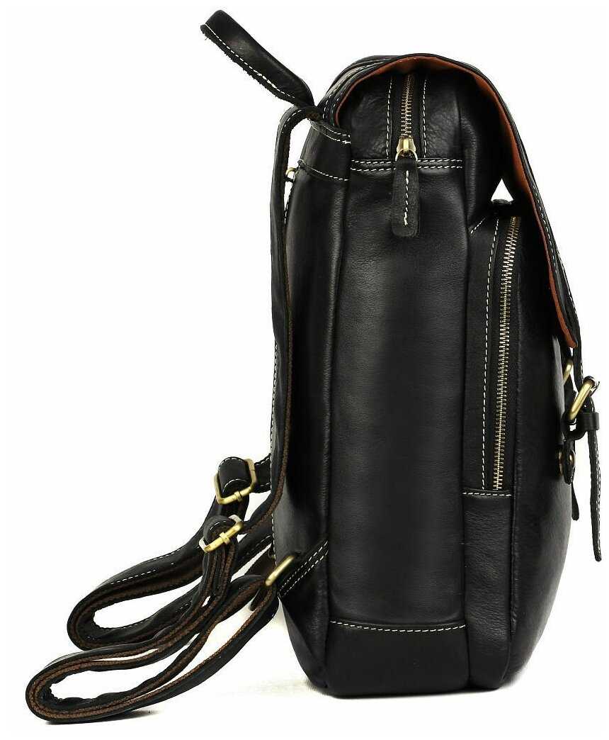 Рюкзак кожаный мужской городской для ноутбука Capsa с 3 наружными карманами и клапаном фотография 5