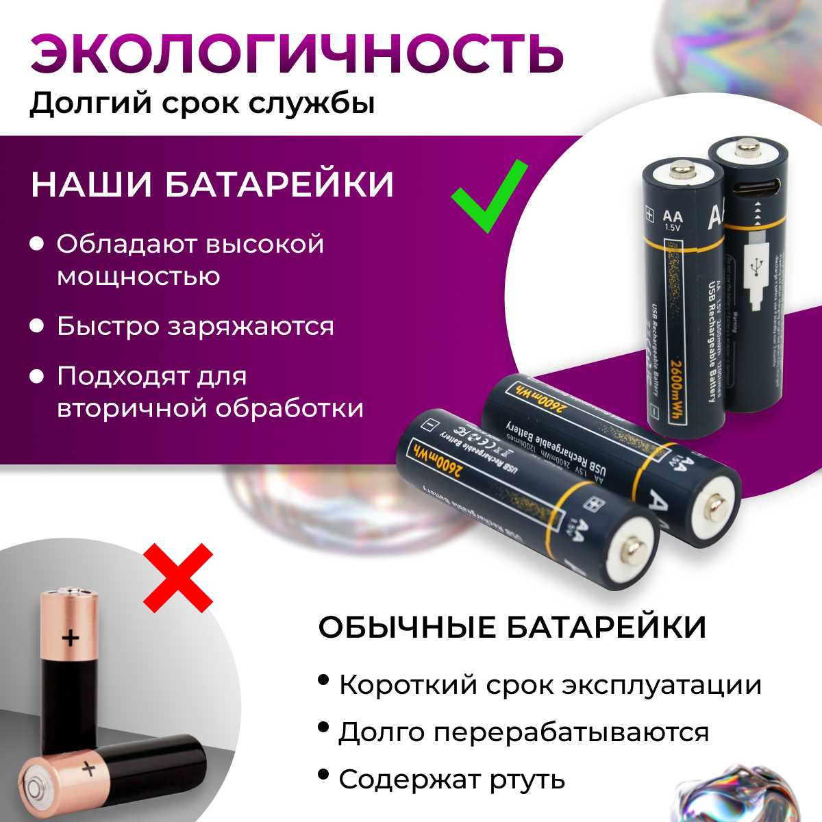 Аккумуляторные батарейки Без бренда AA Rechargeable Battery Type-C [2600 mWh] фотография 1