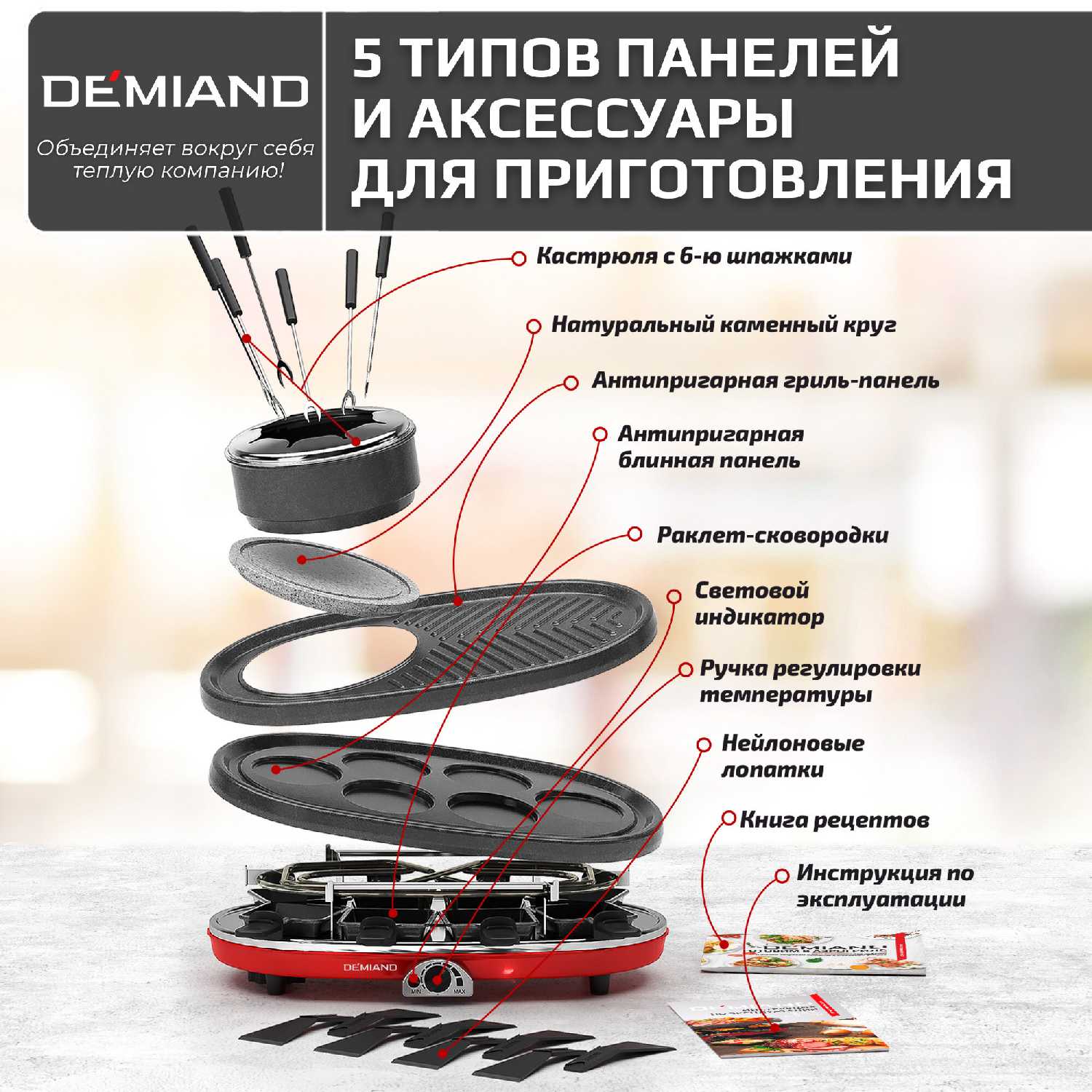 Раклетница-Гриль-Фондю DEMIAND 5 в 1,8 раклет-сковородок, каменный круг, набор фондю с 6-ю шпажками,8 лопаток, книга рецептов,1500Вт (Raclette1158) фотография 1