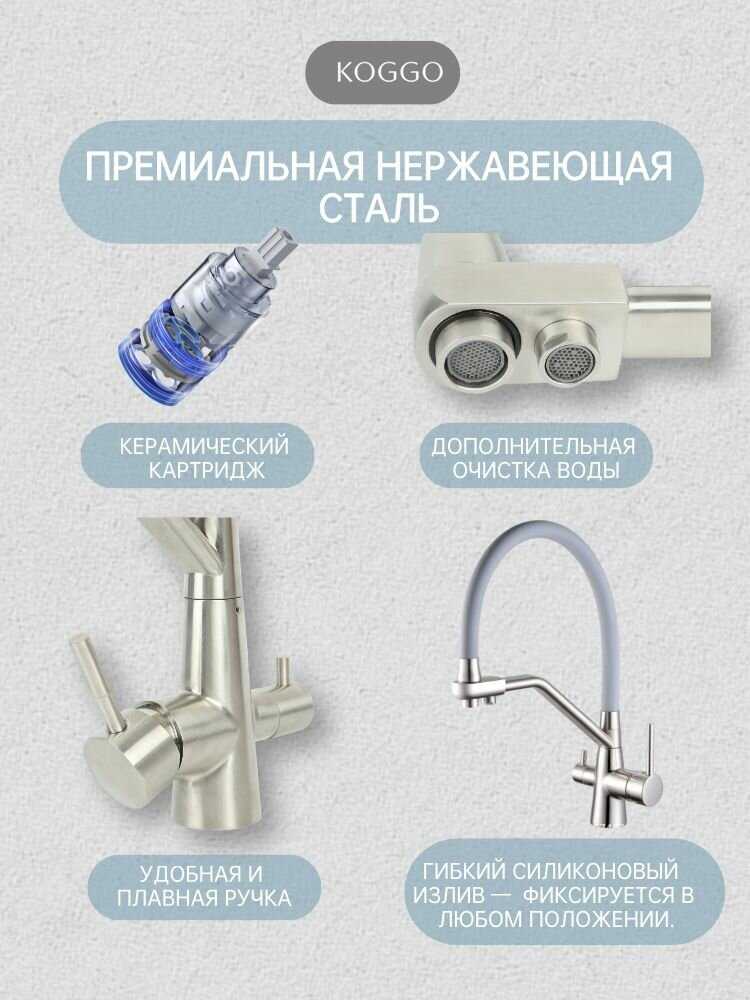 Смеситель для кухонной мойки под фильтр с краном для питьевой воды и гибким изливом KOGGO черный/силикон фотография 2