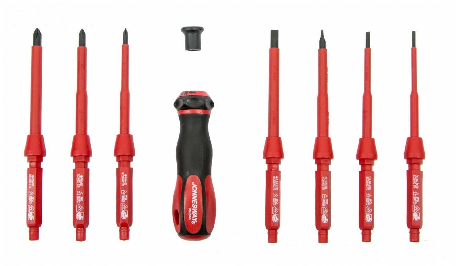 Отвертка диэлектрическая JONNESWAY со сменными стрежнями в наборе 9 предметов