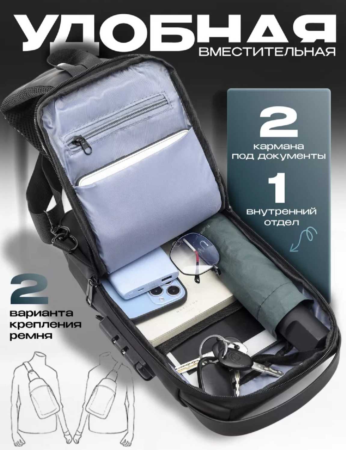 Дорожная сумка рюкзак противоугонный через плечо с кодовым замком фотография 14