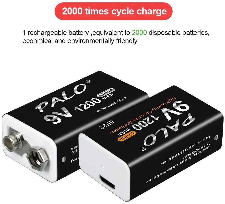Аккумуляторная батарейка Крона 6F22 9V 1200 mAh, с зарядкой USB, 1 шт. фотография 20