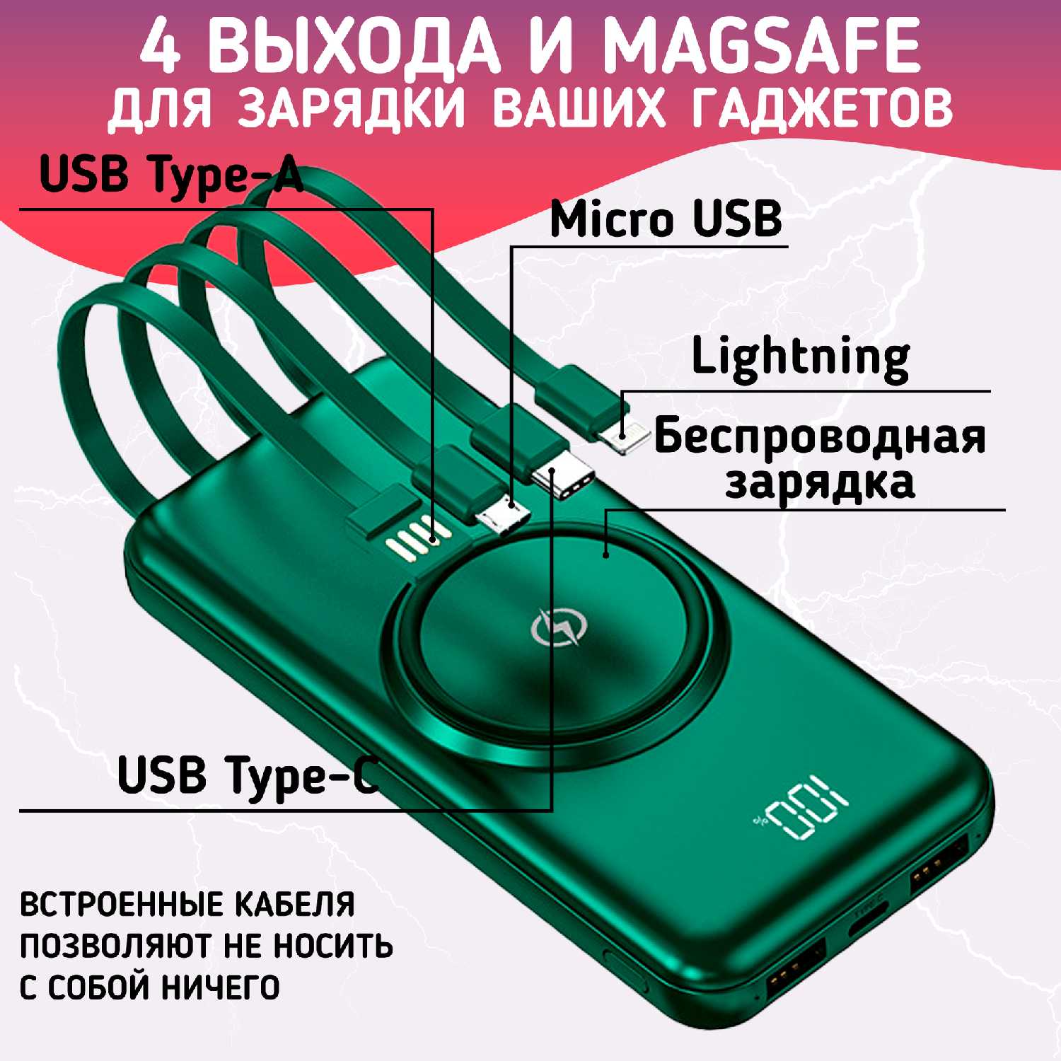 Повербанк внешний аккумулятор 30000mAh с беспроводной зарядкой фотография 8