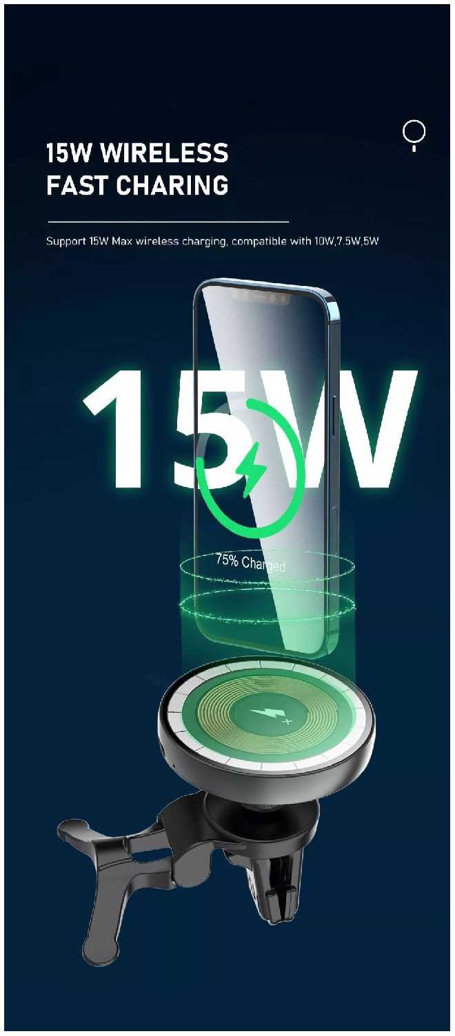 Автомобильный держатель с беспроводной зарядкой WiWU CH-309 Intelligent Transparent Magnetic Car Charger Black фотография 1