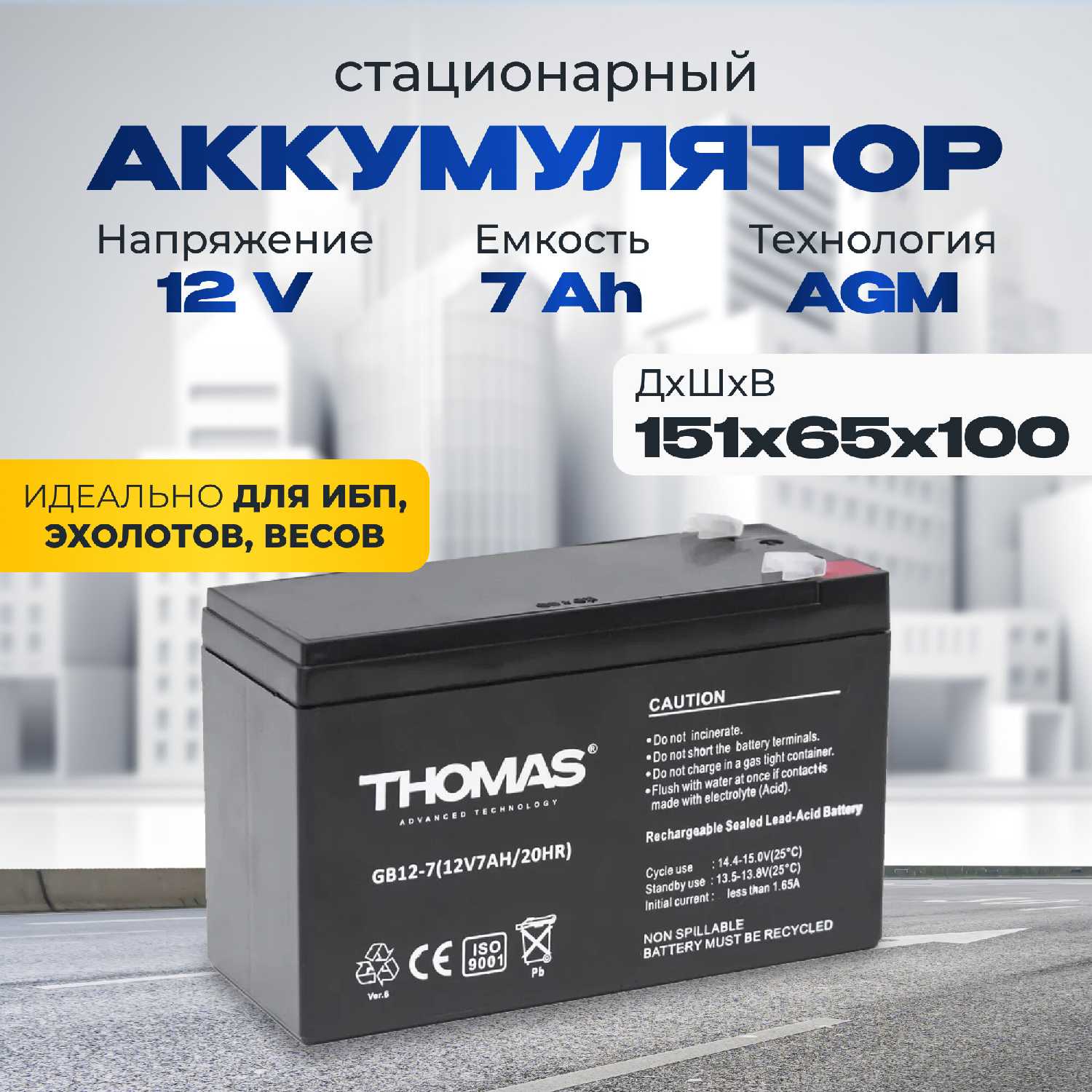 Аккумулятор THOMAS AGM F1/T1 (12V 7Ah)