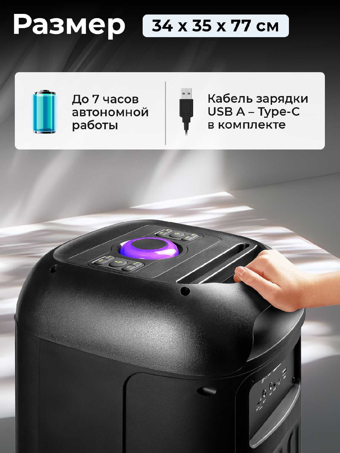 Портативная колонка RITMIX SP-560B, 120Вт, Bluetooth v5.3, USB, microSD, AUX, FM-радио, TWS-режим, микрофон в комплекте фотография 7