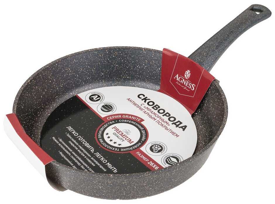 Сковорода Agness глубокая с антипригарным мраморным покрытием, серия granite, 26х6,5 см (952-014) фотография 1