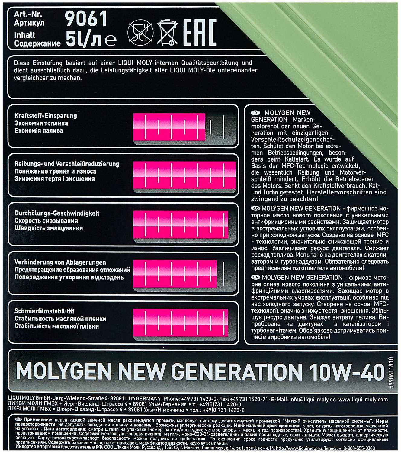 Синтетическое моторное масло LIQUI MOLY Molygen New Generation 10W-40 фотография 10