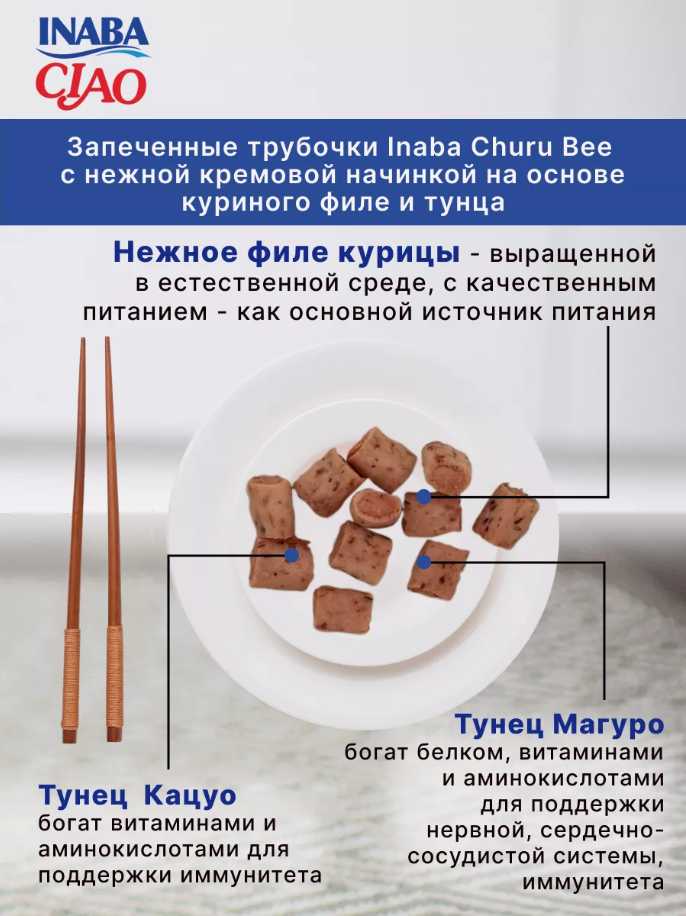 Лакомство для кошек Inaba Churu Bee с тунцом Магуро и запеченным куриным филе 2 уп х 30 гр фотография 11