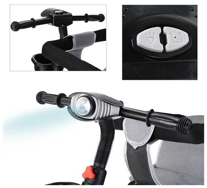 Велосипед детский трёхколесный, с родительской ручкой и козырьком ROCKET 0999-3 3-х колесный, серый фотография 5