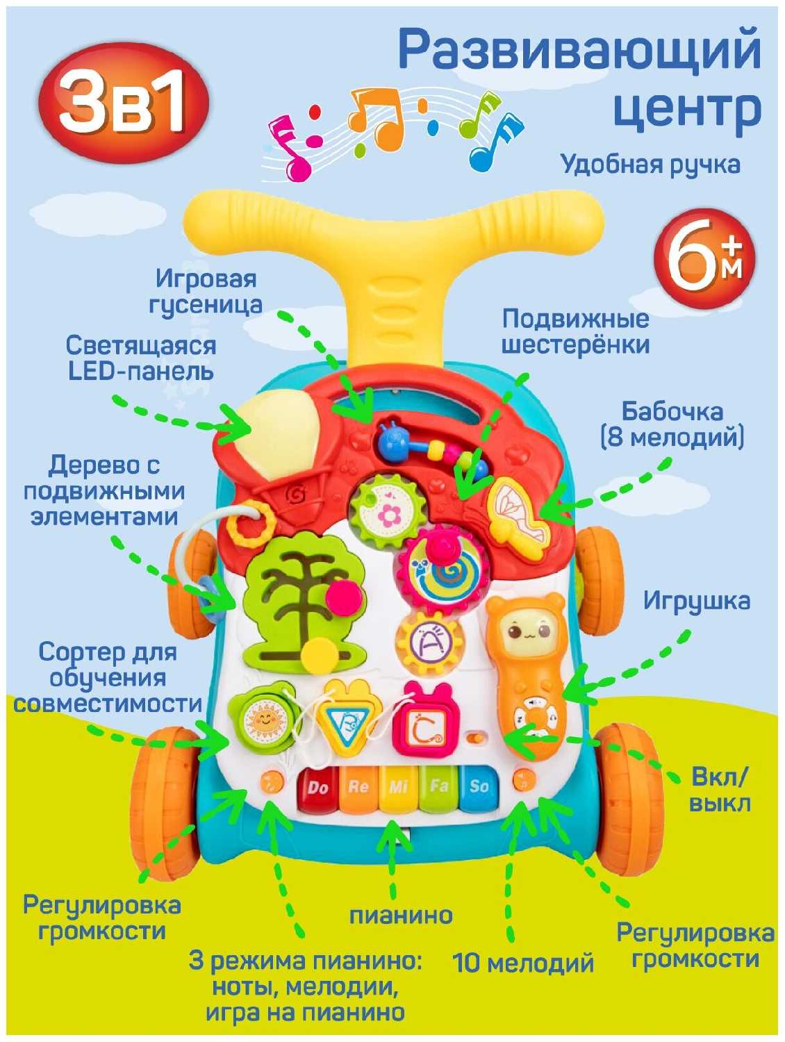 Развивающий цент 3в1, ходунки, музыкальная панель, игровой столик, свет, звук фотография 1