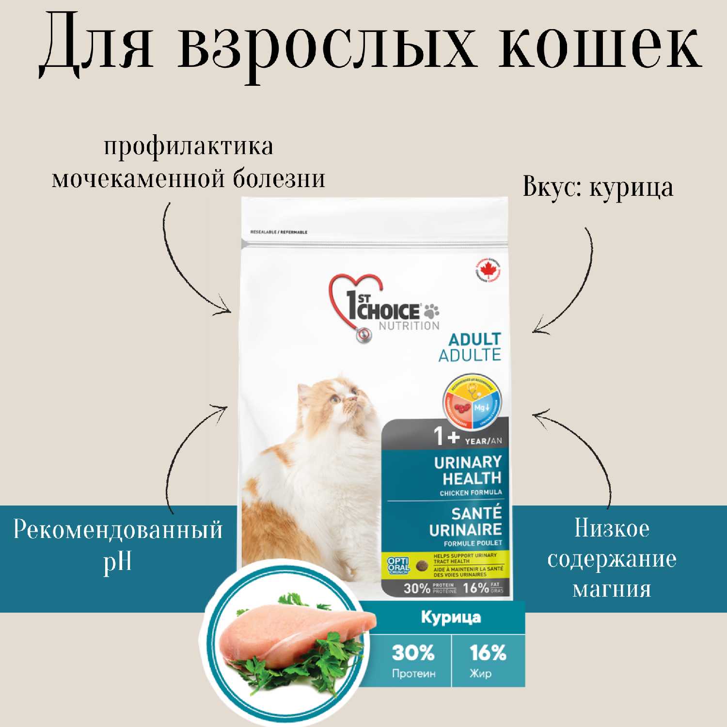 Корм для кошек 1st Choice Adult (профилактика МКБ, с курицей) фотография 5