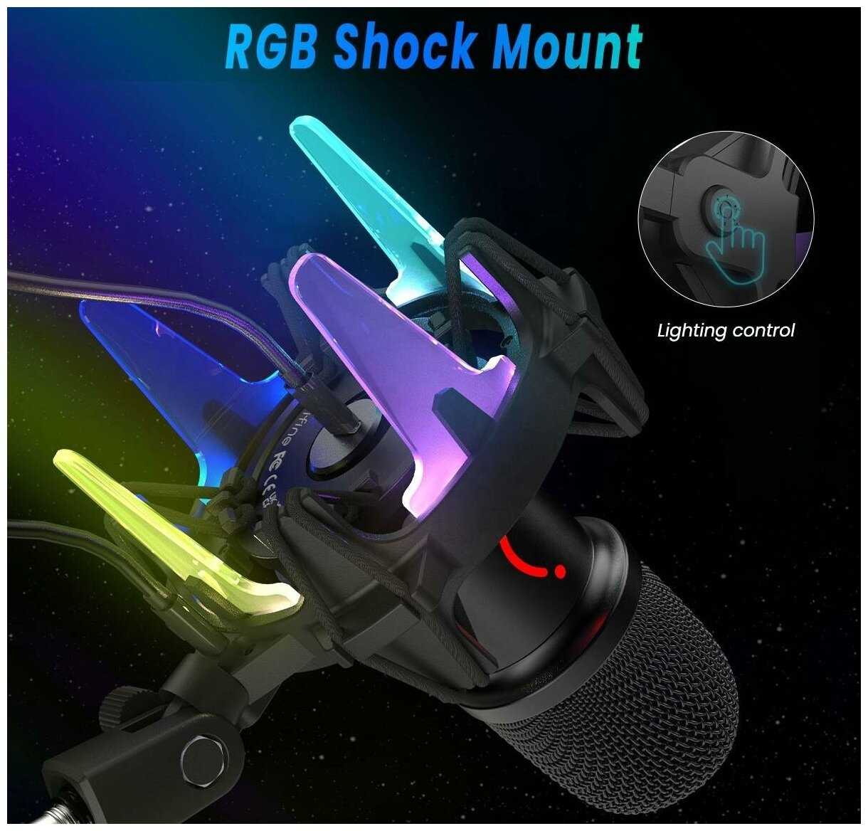 Динамический USB микрофон Fifine K651 с RGB подсветкой (в комплекте с шок-маунтом и микрофонной стойкой) черный фотография 5