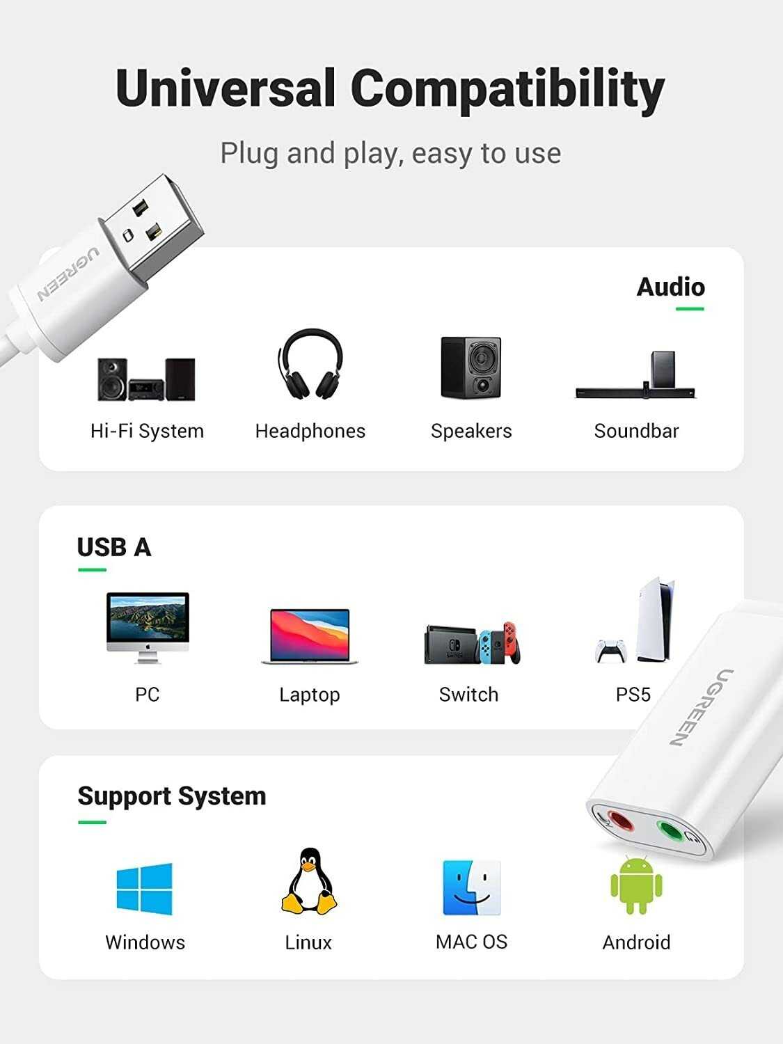 Аудиоадаптер Ugreen USB A 2.0 - AUX Jack 3.5 мм (CM155) фотография 7