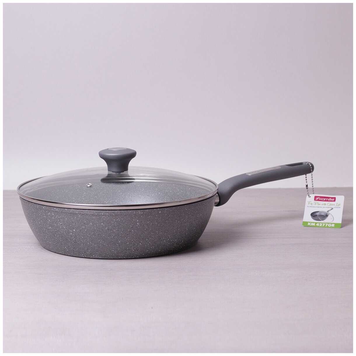 Сотейник 28 см с крышкой Kamille KM-4277GR (Ø28х7.5 см) из кованного алюминия с серым мраморным покрытием фотография 8