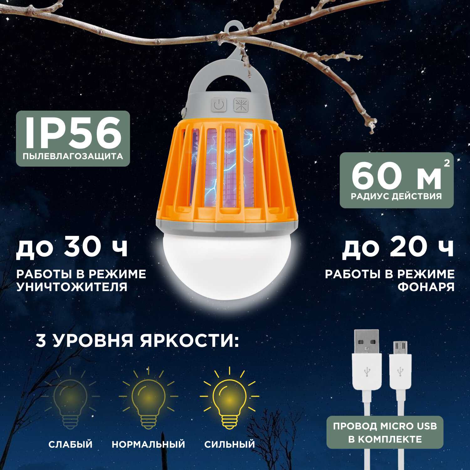 Антимоскитный кемпинговый USB фонарь (лампа от комаров) фотография 2