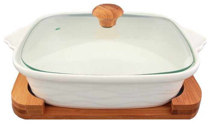 Блюдо для запекания и вервировки фарфоровое 1,3 л Elan Gallery Айсберг волны + стекл. крышка + дер. подставка