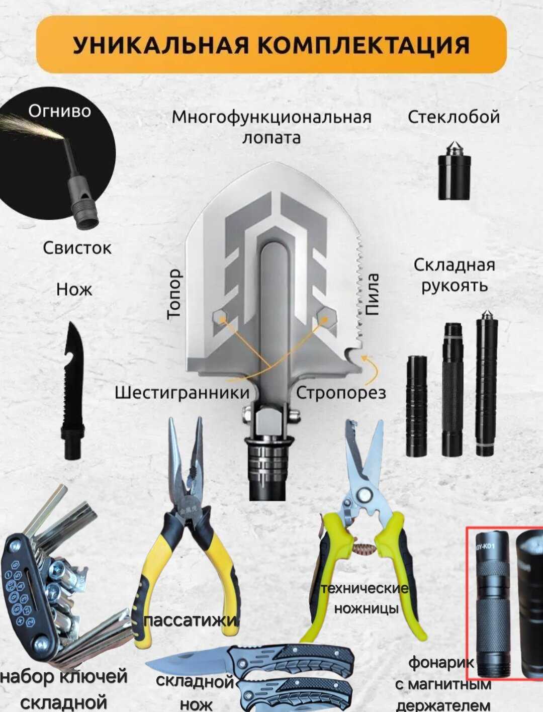 Многофункциональная лопата, нож складной и набор инструментов в кейсе туристический универсальный фотография 1