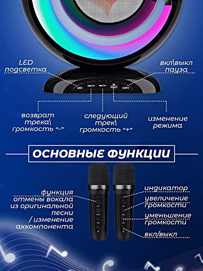 Беспроводная Bluetooth колонка караоке с 2 микрофонами фотография 9