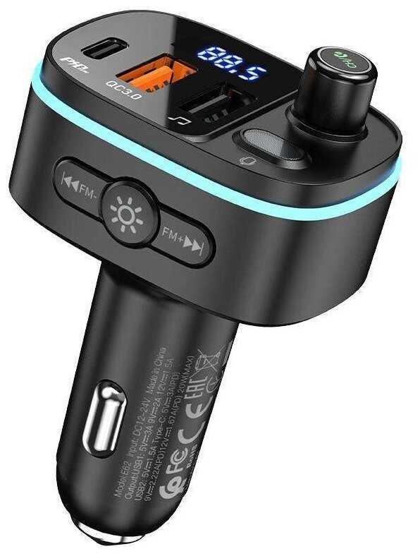 FM-трансмиттер Bluetooth E62 с быстрой зарядкой QC3.0 USB и PD 20W Type-C / Bluetooth 5.0 модулятор c LED подсветкой фотография 3