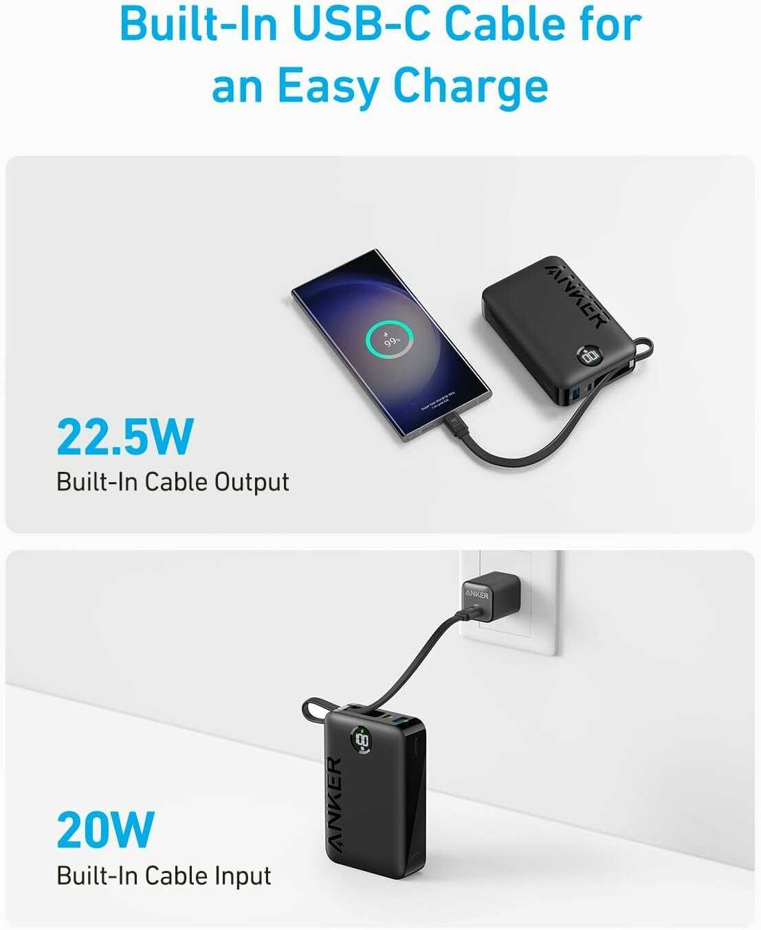 Внешний аккумулятор Anker 335 Power Bank Built-in USB-C Cable (20000mAh 22.5W) фотография 11