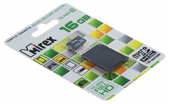 Карта памяти Mirex microSD, 16 Гб, SDHC, класс 10, с адаптером SD