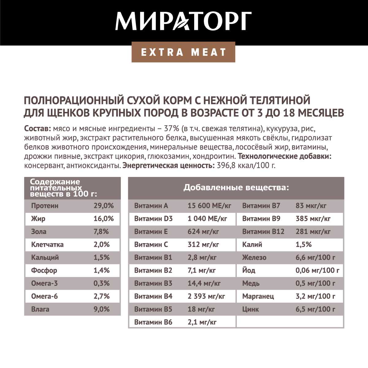 Полнорационный сухой корм Мираторг EXTRA MEAT для щенков крупных пород фотография 2