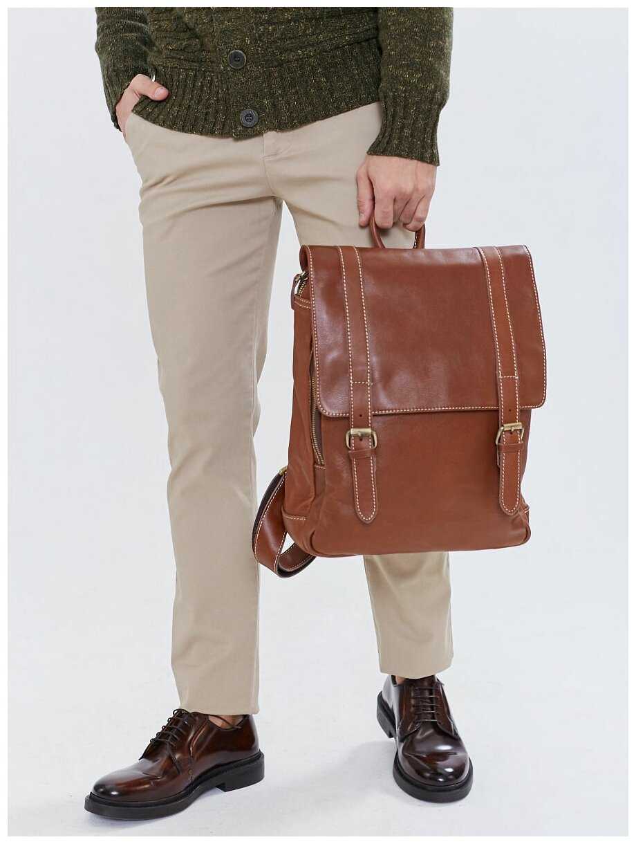 Рюкзак кожаный мужской городской для ноутбука Capsa с 3 наружными карманами и клапаном фотография 26