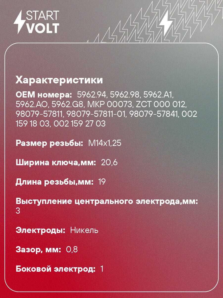 Свеча зажигания для автомобилей Москвич 2141 (89-)/412 (71-) 1.5i/мотоциклы ан. BP7ES VSP 0402 StartVolt фотография 1