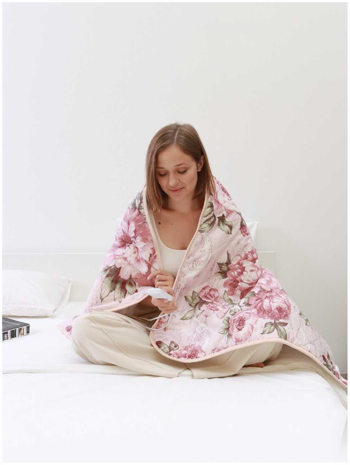 Электропростынь EcoSapiens Linen пионы, с подогревом, односпальная, 3 программы, 150х90см фотография 4