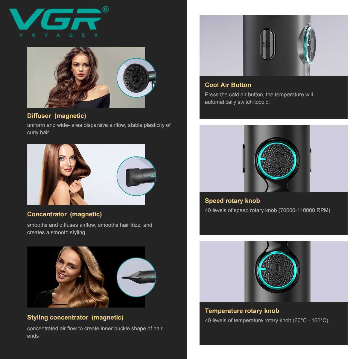 Профессиональный мощный фен VGR V-401 фотография 3