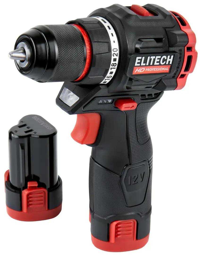 Дрель-шуруповерт аккумуляторная Elitech HD CD12L2 [12В, Li-ion, 2x2Ач, бесщеточная]