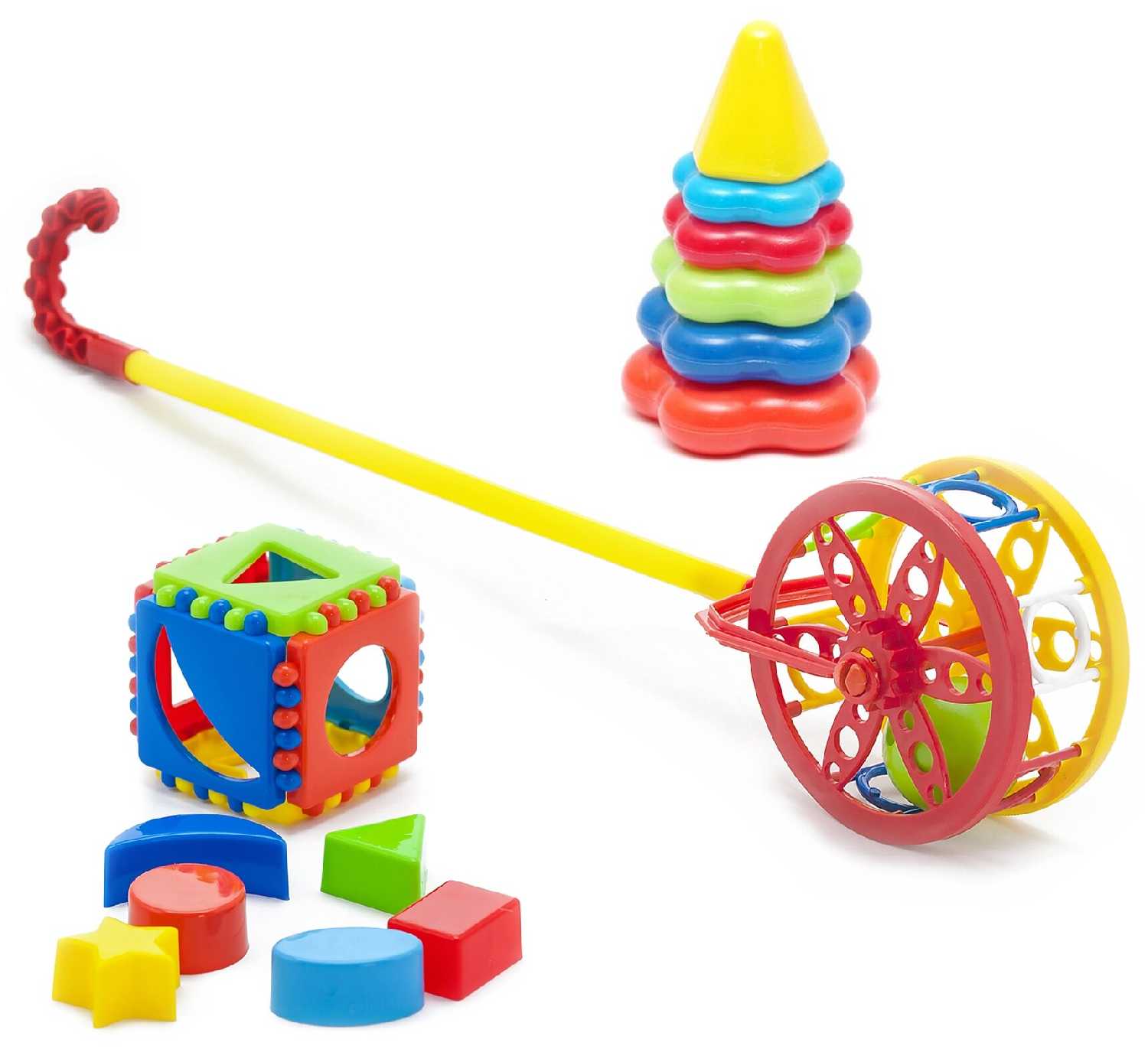 Развивающая игрушка Karolina toys Каталка Колесо, Кубик логический малый, Пирамида малая