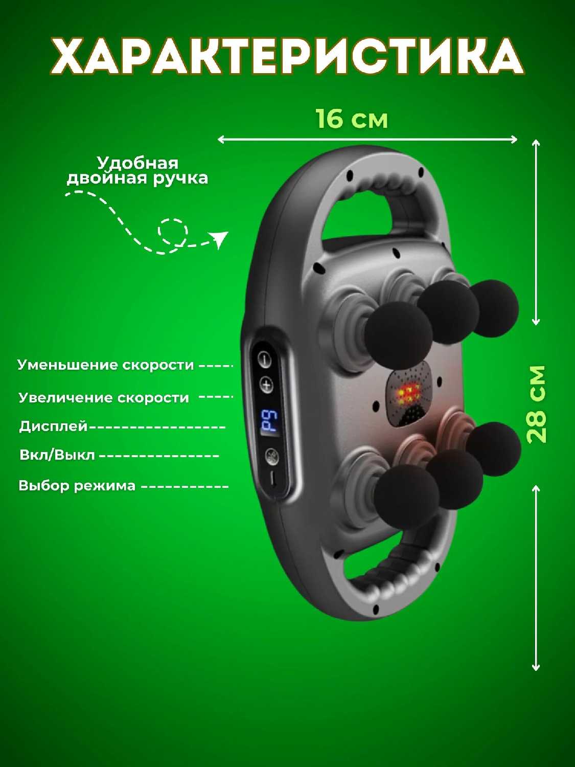 Массажер перкуссионный электрический для спины и тела (6 головок) фотография 3