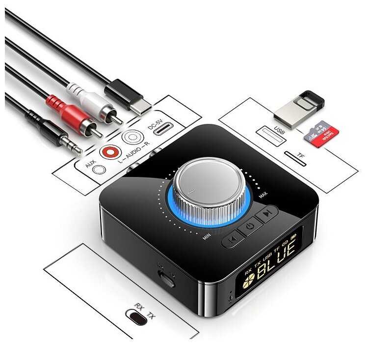Адаптер Bluetooth Transmitter / Reciever Трансмиттер / Ресивер (Приемник / Передатчик аудио) 3.5 jack ( aux ), RCA, MicroSD ( TF ), USB Flash TUBON M5 фотография 2