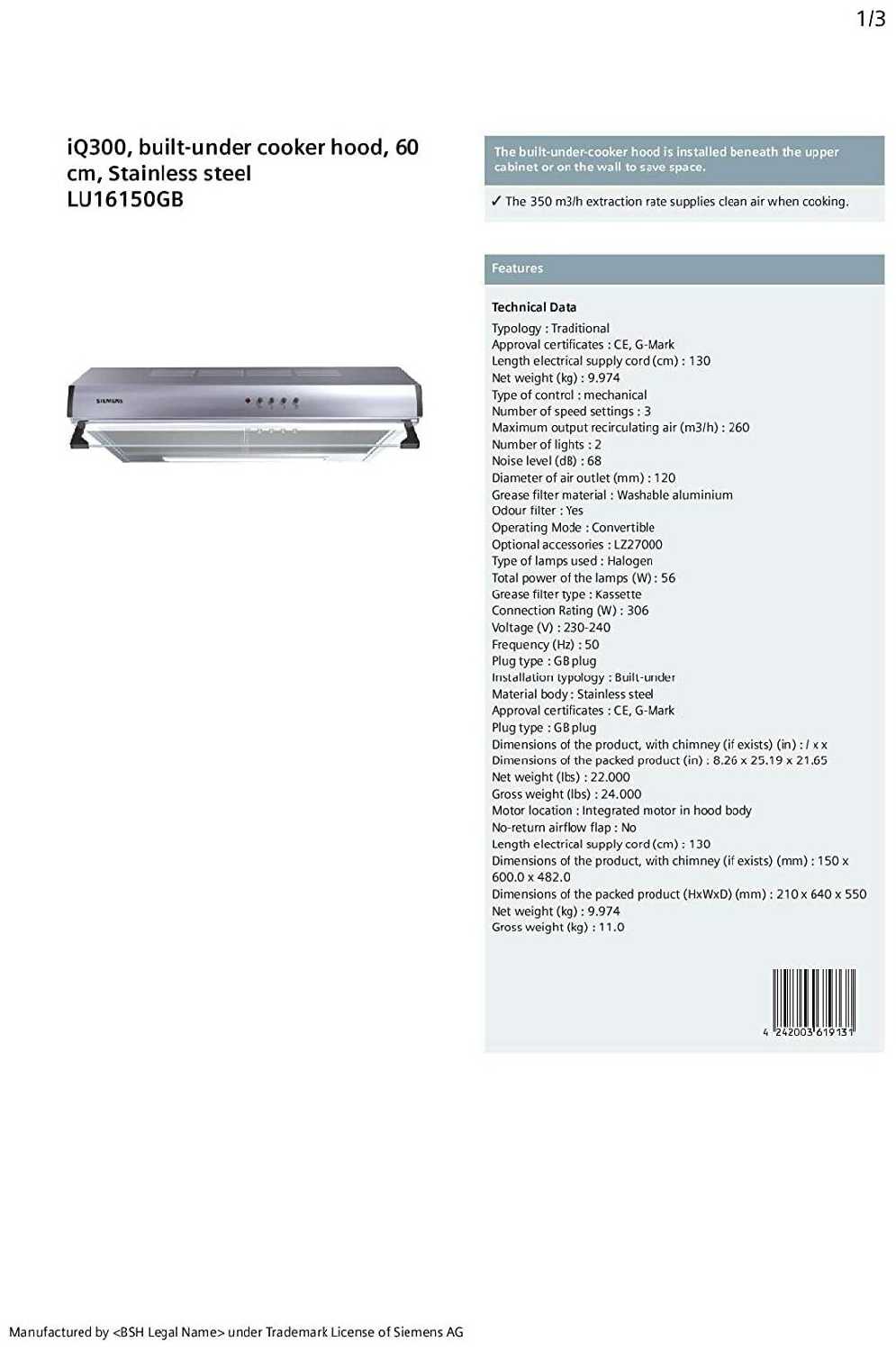 Встраиваемая в шкаф вытяжка SIEMENS LU16150GB iQ300 фотография 1