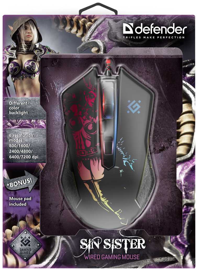 Игровая мышка для компьютера Defender Sin'Sister оптика 6 кнопок 7200 dpi фотография 3