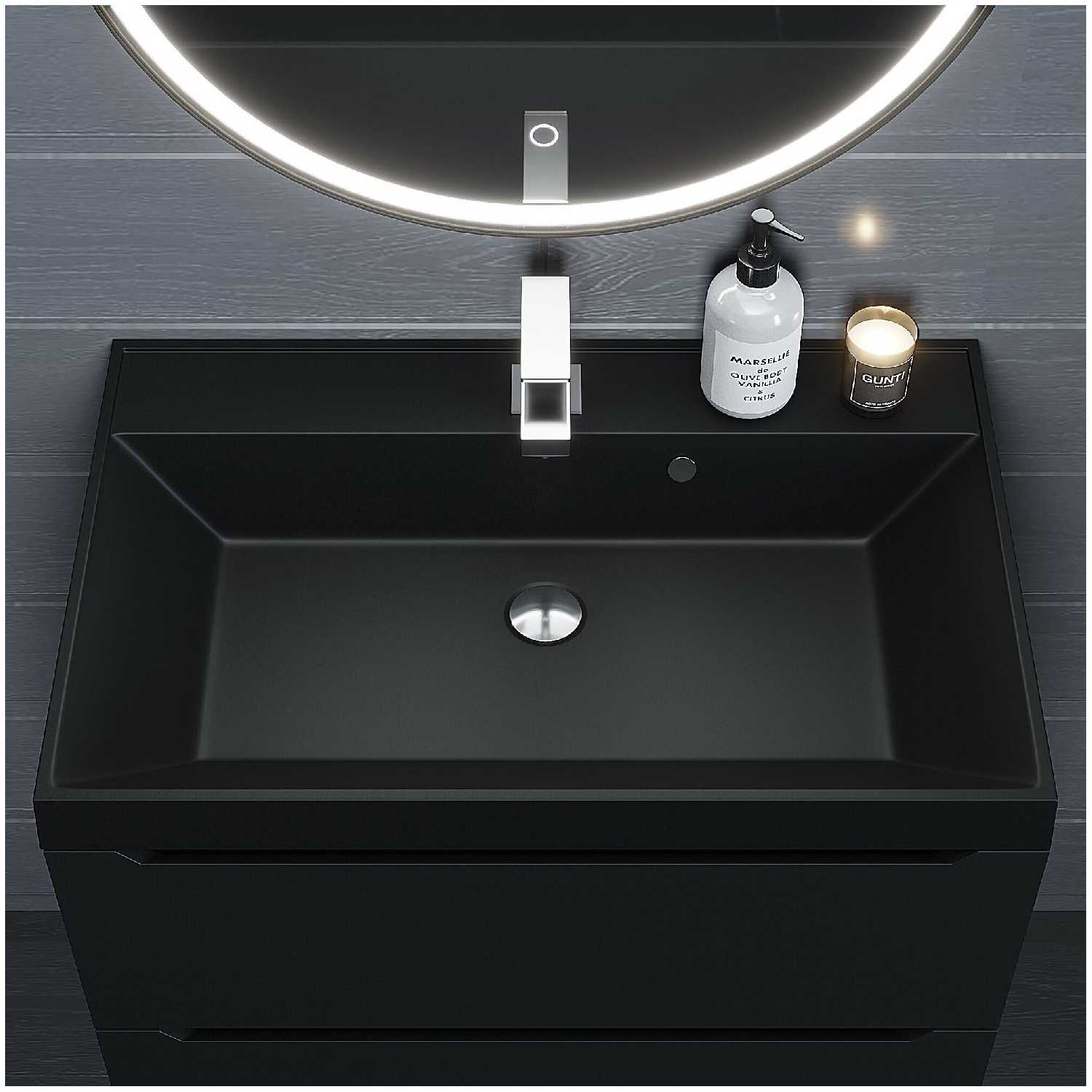 Раковина кварцевая для ванной комнаты Uperwood Classic Quartz 70 см, черная матовая, уголь фотография 1