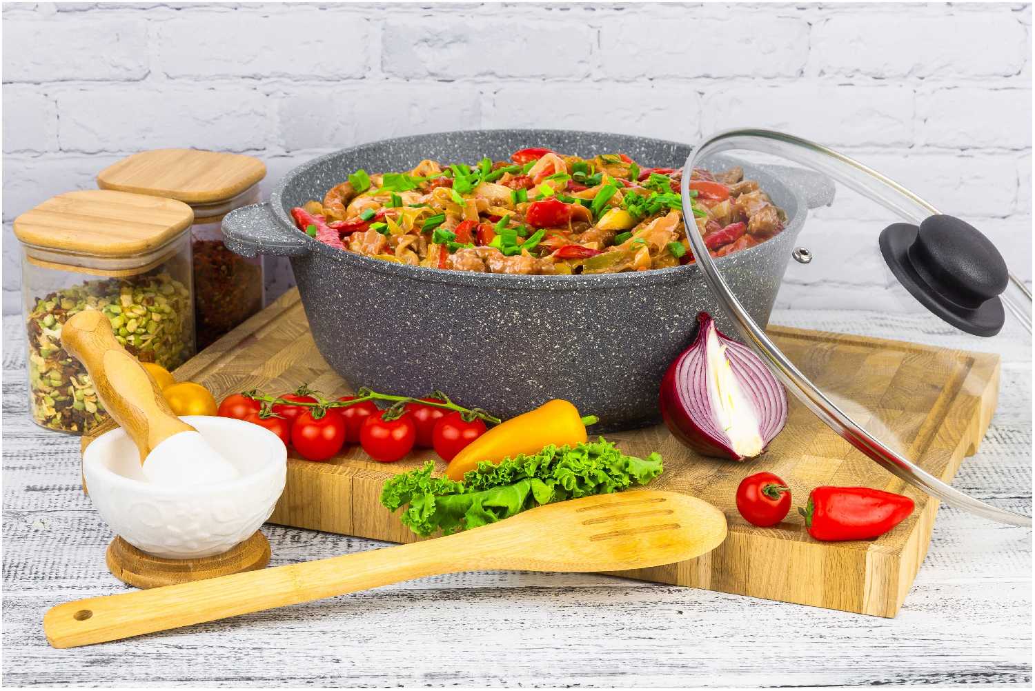 Жаровня-сотейник 3 л 24 см Elan Gallery гармония вкуса Серый мрамор с крышкой D24 фотография 5